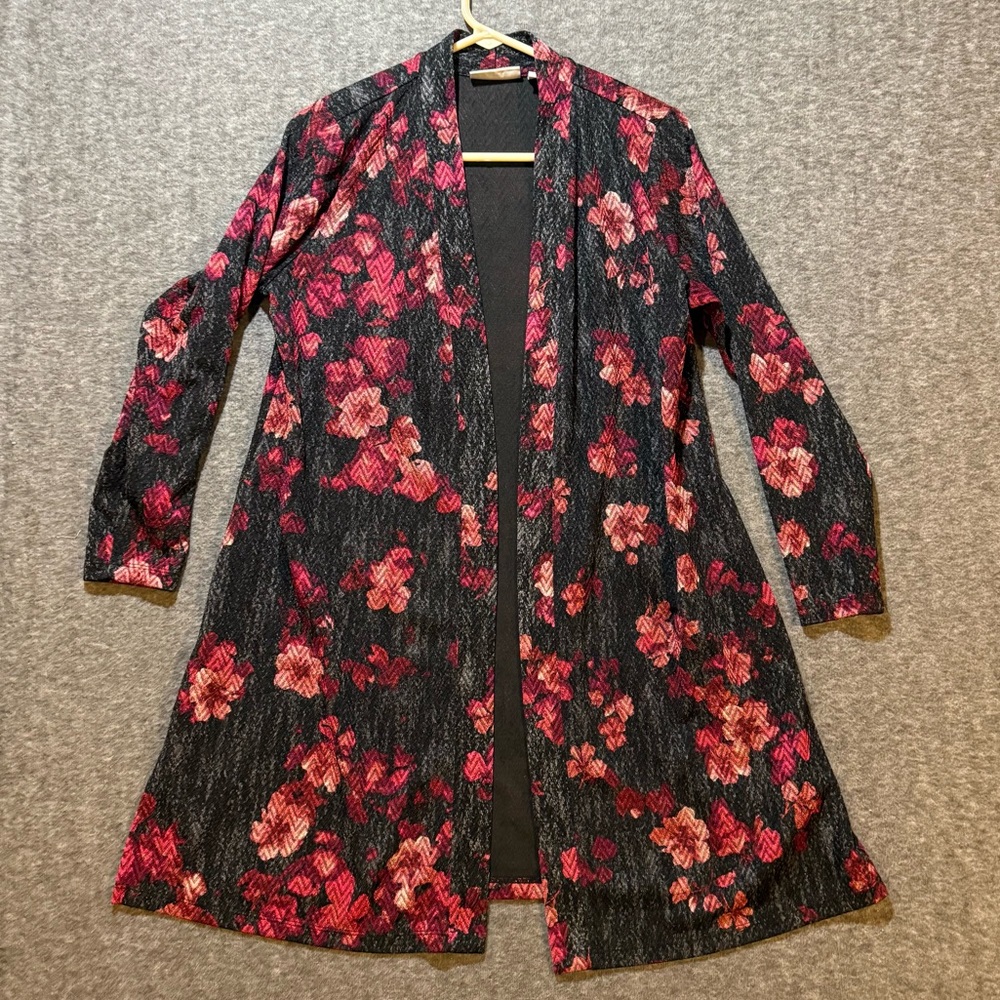 Susan Graver floral cardigan sweater womens MP black pink open front long soft